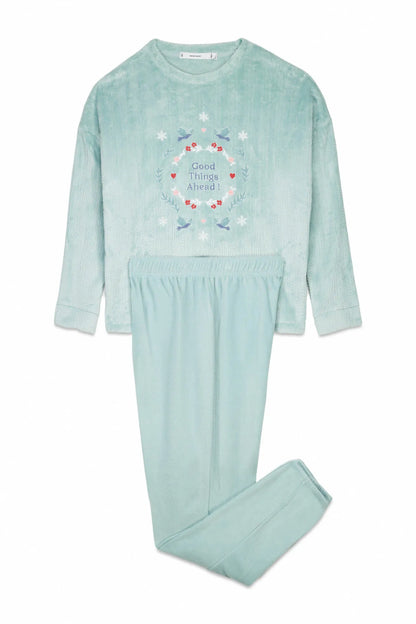 Women Secret_Green_Blue Textured Fleece Long Pyjamas_3792063_23_06