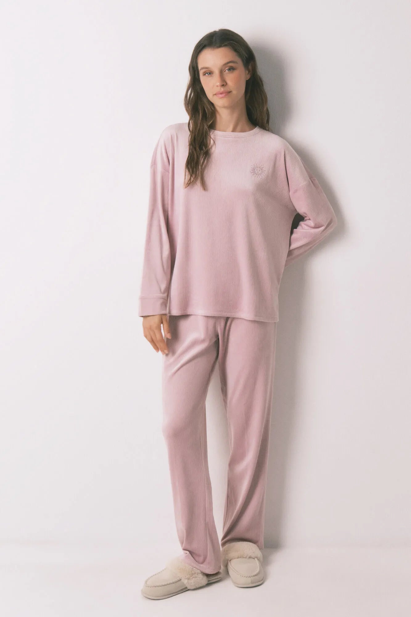 Women Secret_Pink_Long Pyjamas Pink Velvet Ribbed Pajamas_3792072_72_02
