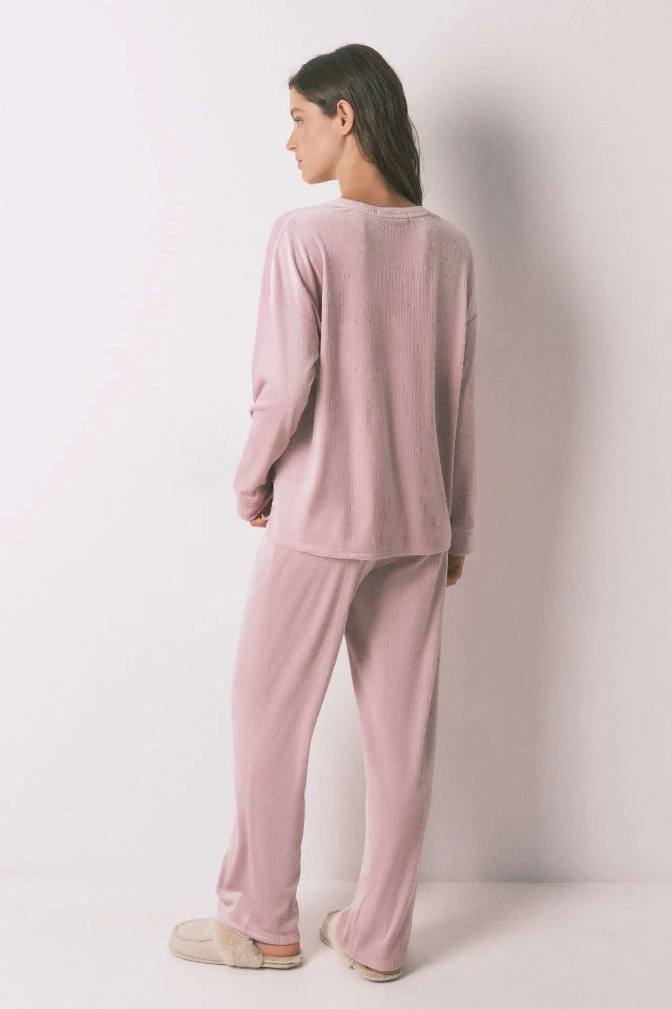 Women Secret_Pink_Long Pyjamas Pink Velvet Ribbed Pajamas_3792072_72_06