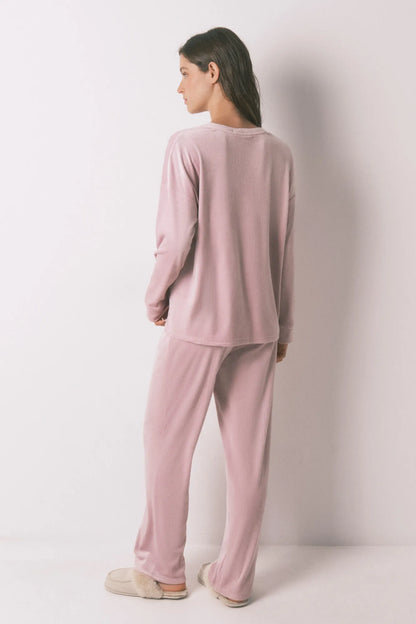 Women Secret_Pink_Long Pyjamas Pink Velvet Ribbed Pajamas_3792072_72_06