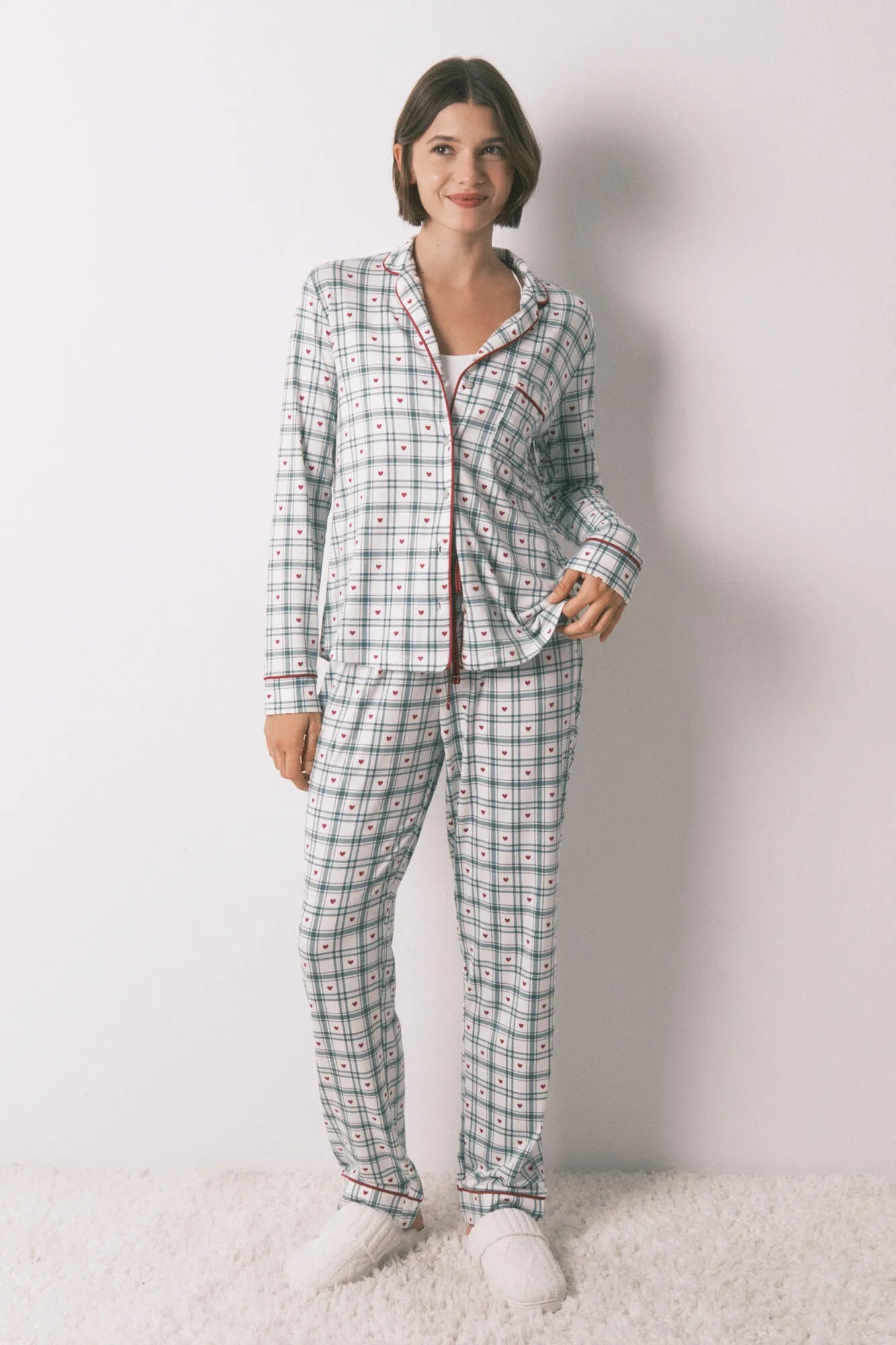 Women Secret_Ivory_Long Green Checkered Print Classic Pyjamas_3792074_96_01