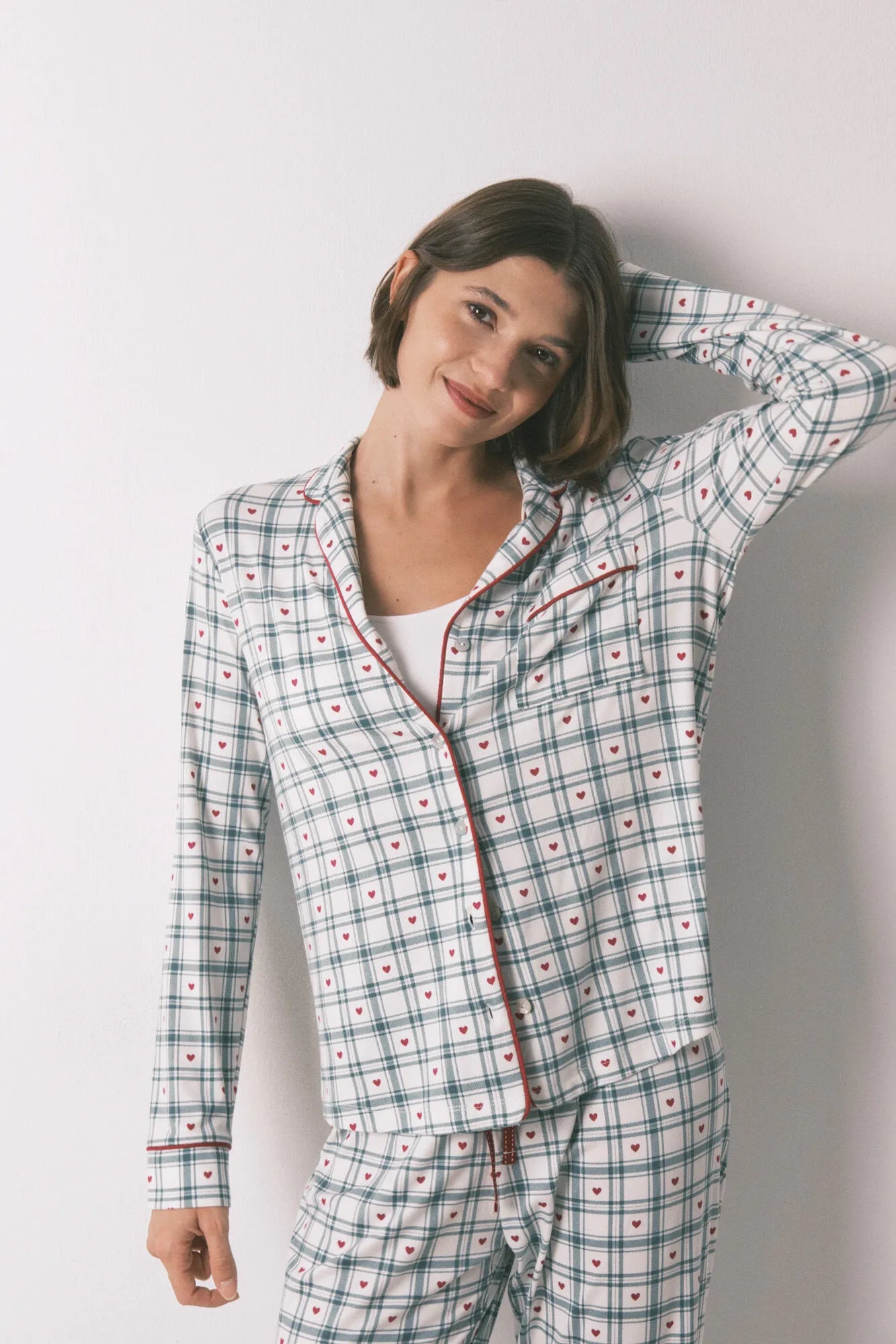 Women Secret_Ivory_Long Green Checkered Print Classic Pyjamas_3792074_96_03