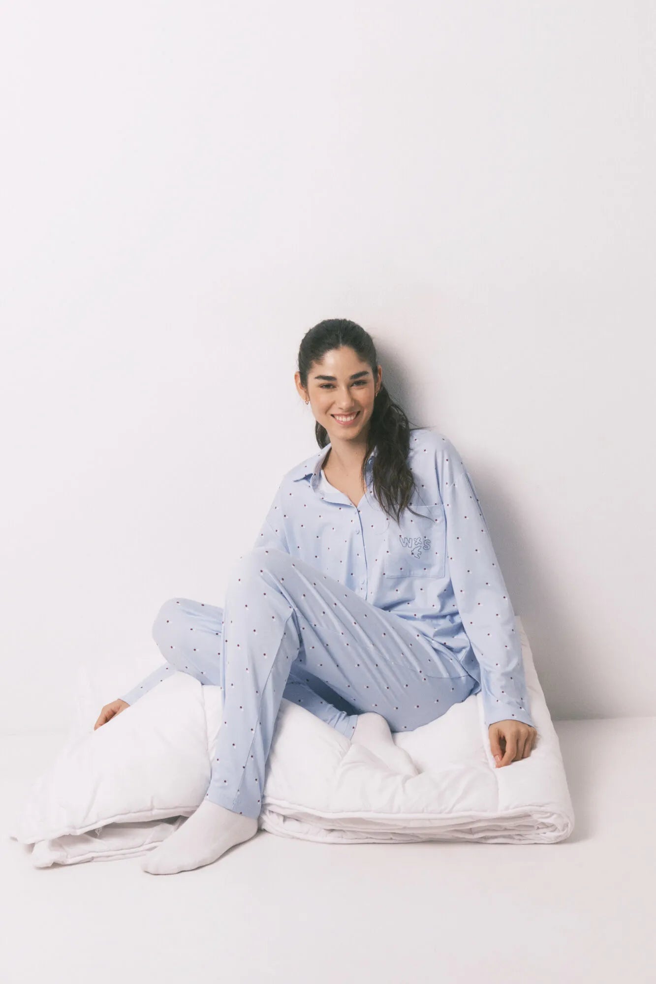 Women Secret_Blue Print_Blue Long Polka-Dot Print Classic Pyjamas_3793061_19_01