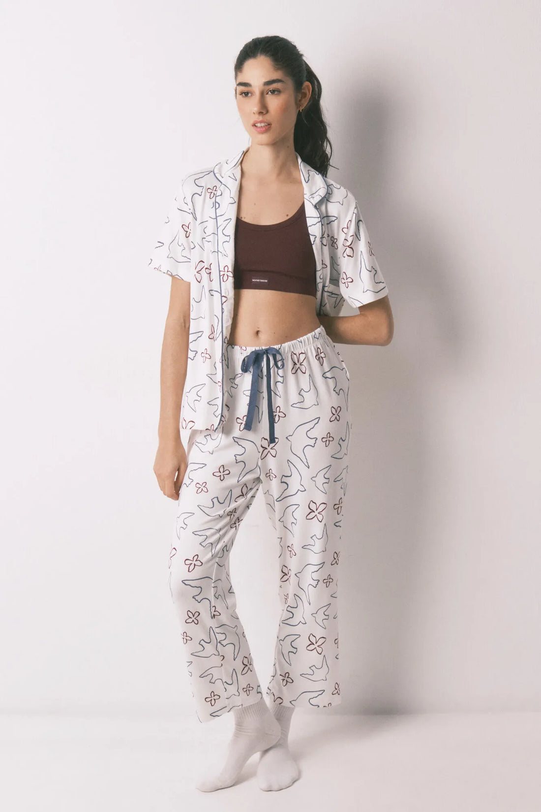 Women Secret_White Print_White Cotton Bird Print Classic Pyjamas_3793066_97_01