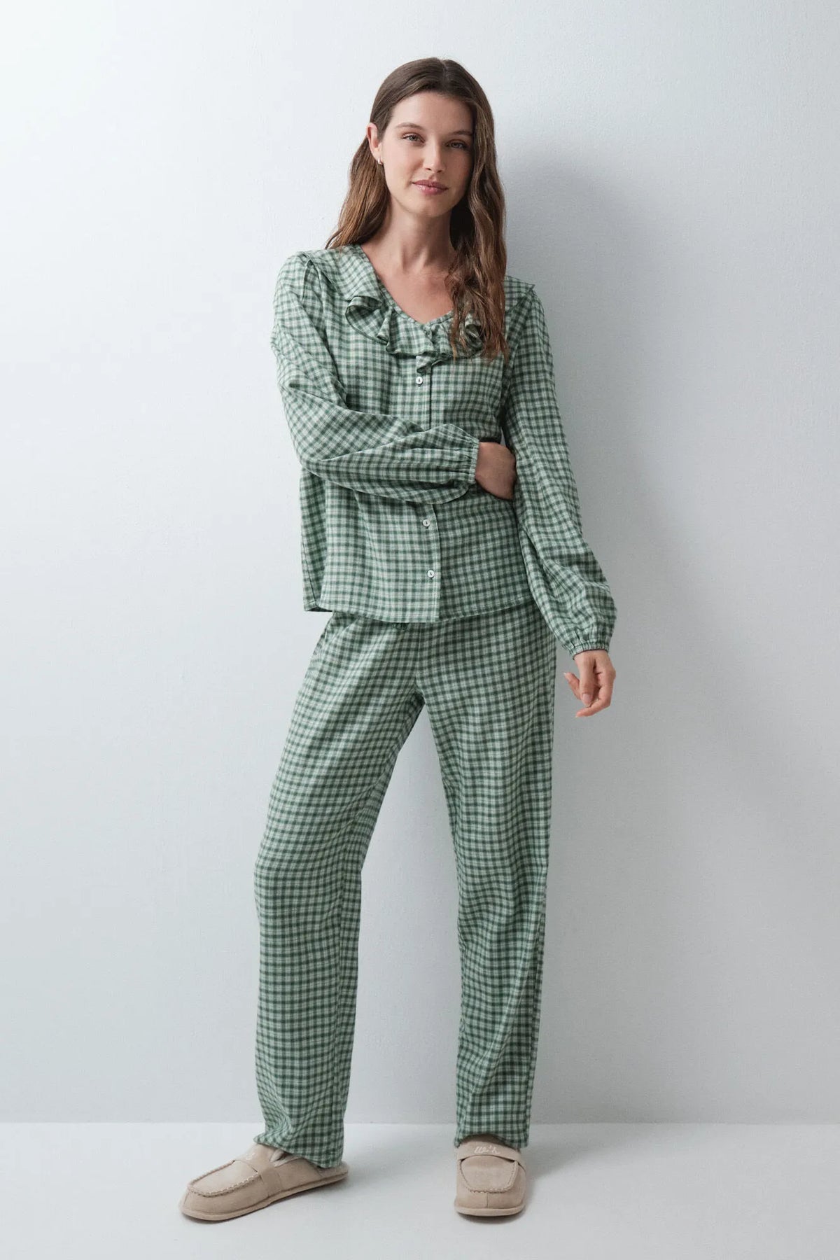 Women Secret Green Women Plaid Long Pyjamas with Ruffles SKU: 3794108_23 Image 01