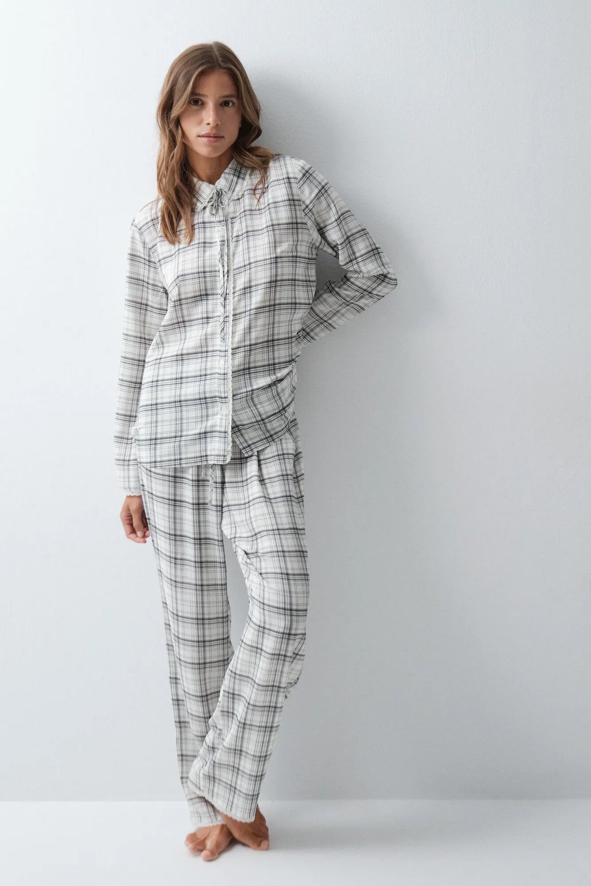 Women Secret White Print Women Plaid Classic Pyjamas with Lace Details SKU: 3794110_97 Image 02