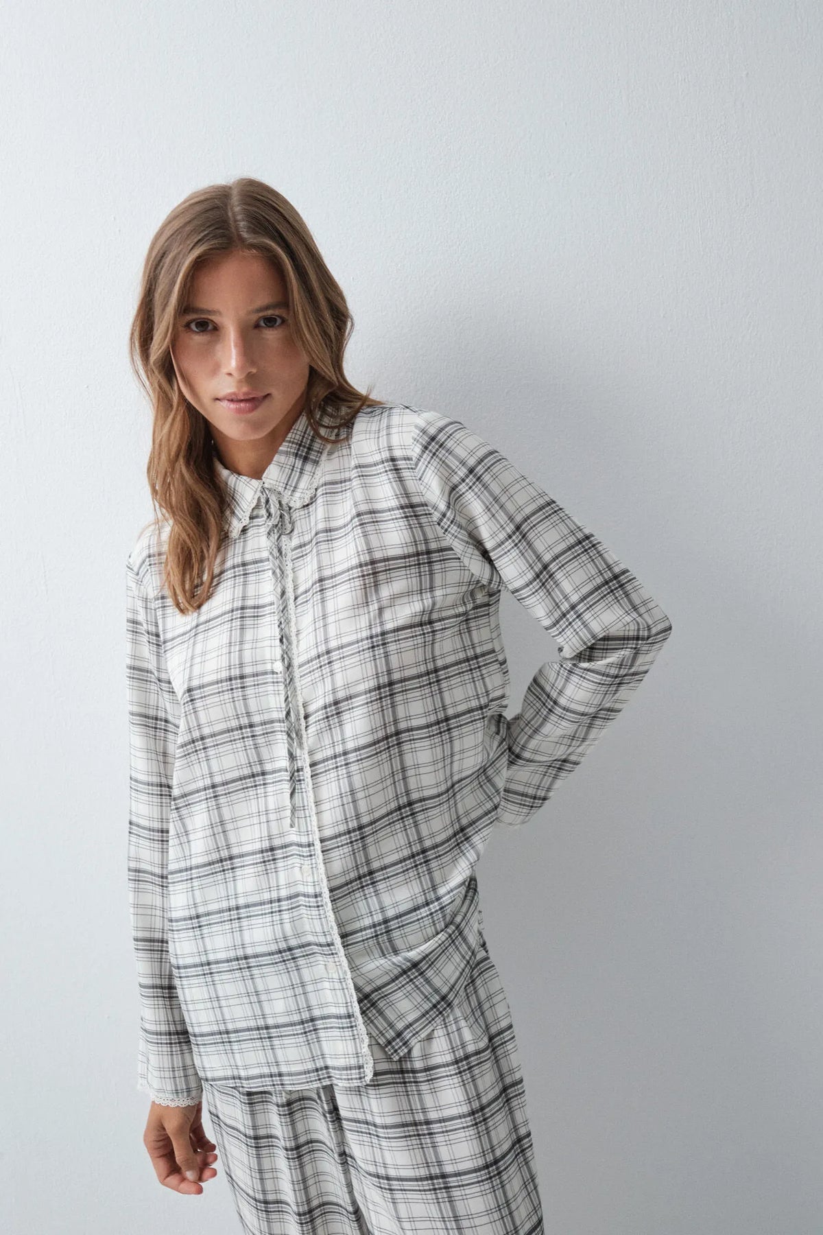 Women Secret White Print Women Plaid Classic Pyjamas with Lace Details SKU: 3794110_97 Image 03