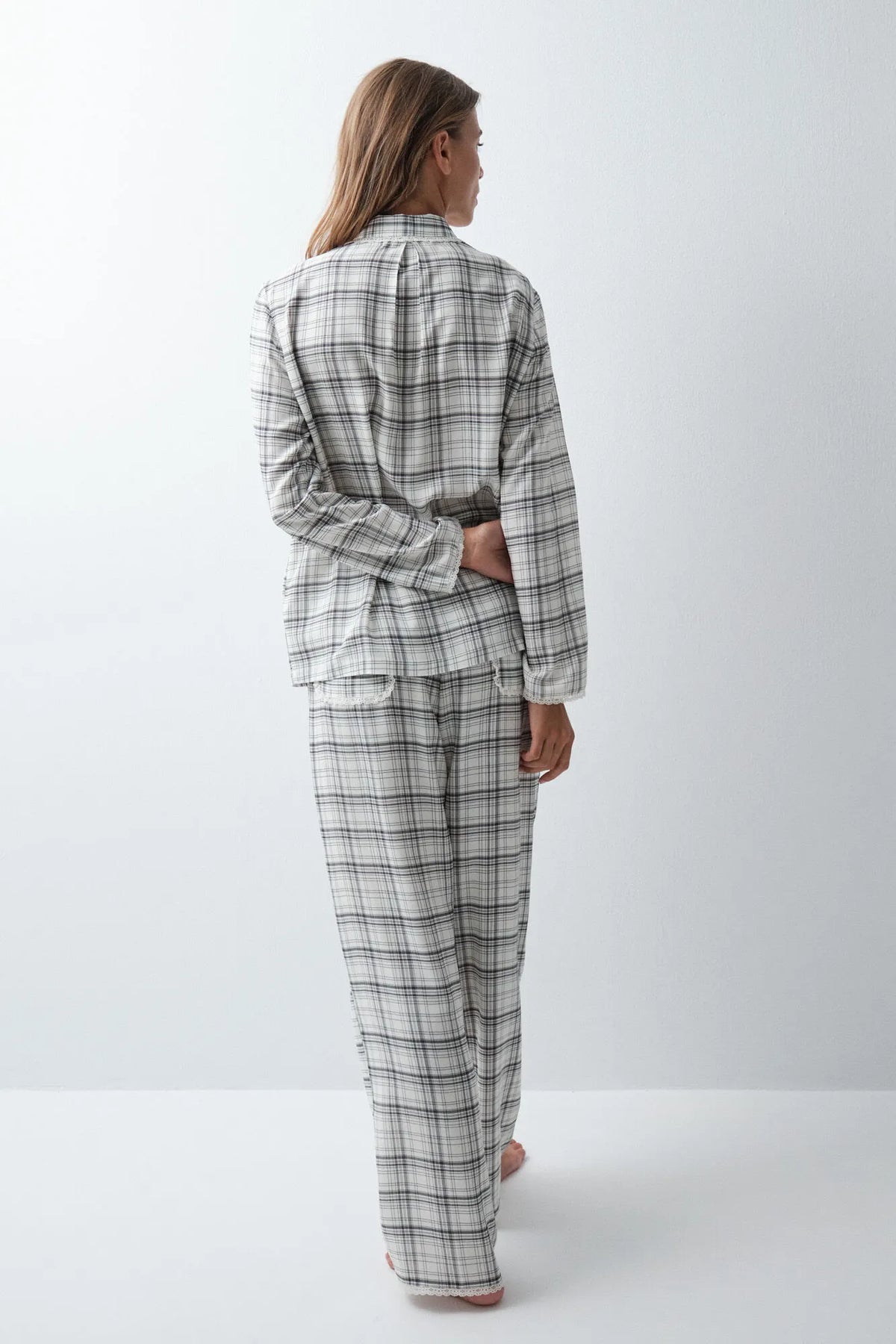 Women Secret White Print Women Plaid Classic Pyjamas with Lace Details SKU: 3794110_97 Image 05
