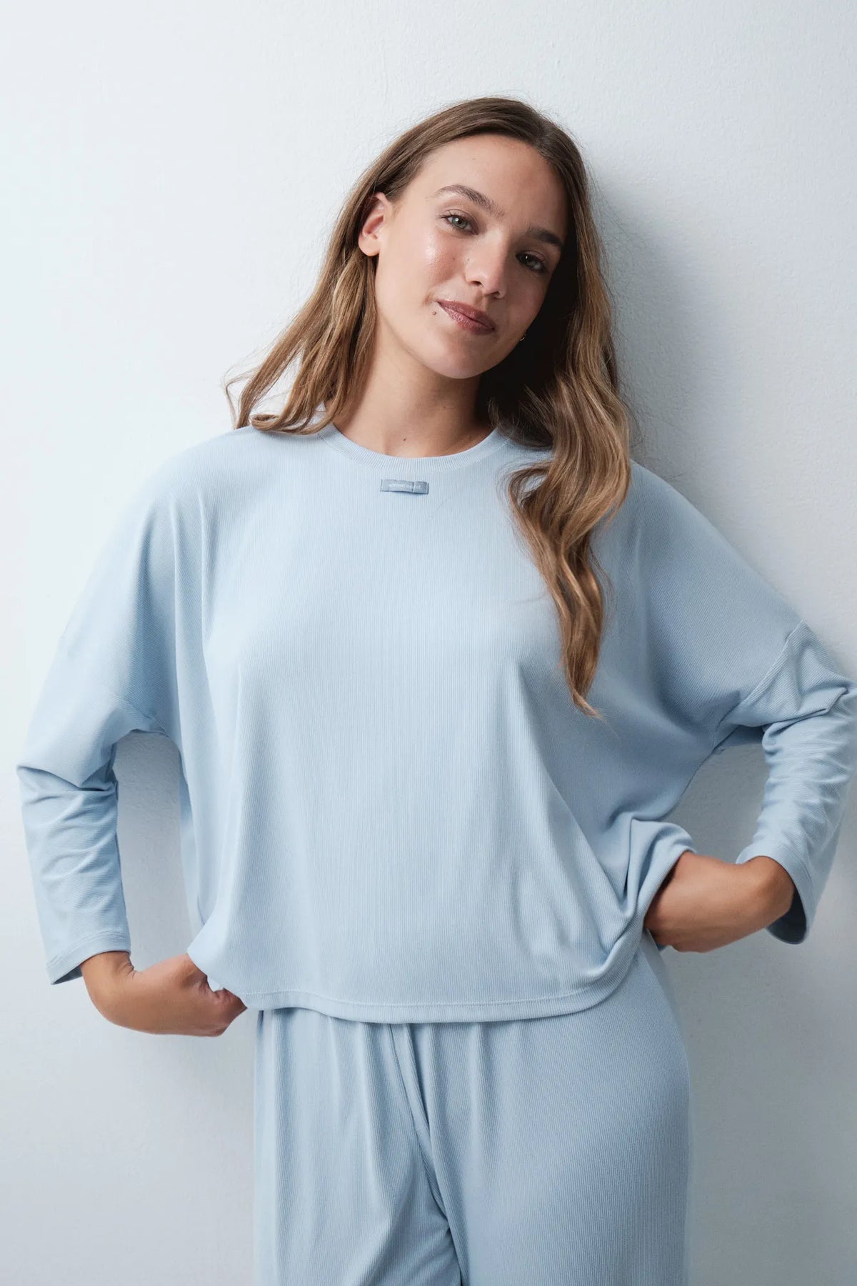 Women Secret Medium Blue Women Blue Ribbed Long Pyjamas SKU: 3794122_14 Image 03