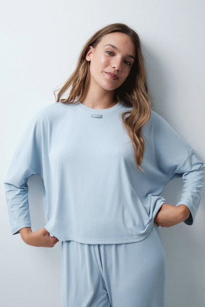 Women Secret Medium Blue Women Blue Ribbed Long Pyjamas SKU: 3794122_14 Image 03