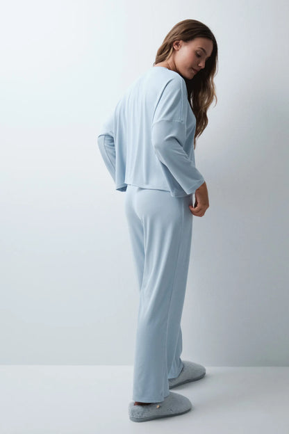 Women Secret Medium Blue Women Blue Ribbed Long Pyjamas SKU: 3794122_14 Image 05