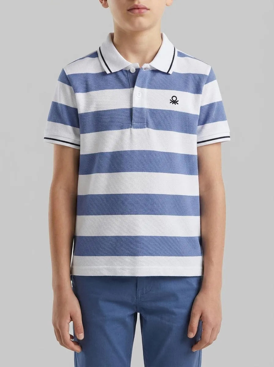 Benetton Blue Boys Striped Polo SKU: 37JJG3012_902 Image 00
