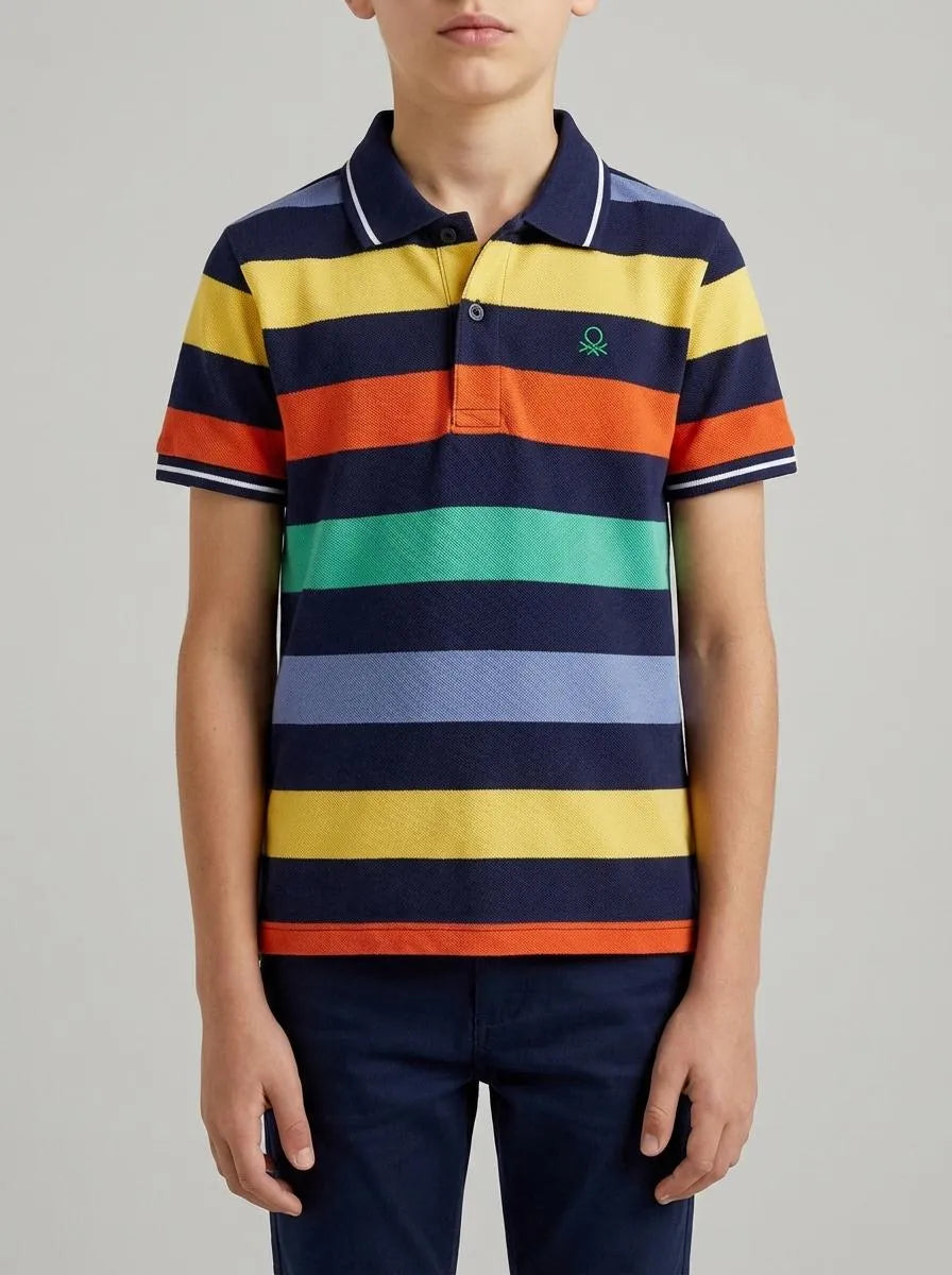 Benetton Dark Blue Boys Striped Polo SKU: 37JJG3012_907 Image 00