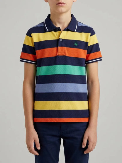 Benetton Dark Blue Boys Striped Polo SKU: 37JJG3012_907 Image 00