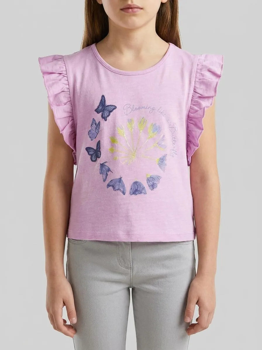 Benetton Lilac Girls Cropped T-Shirt with Print and Embroidery SKU: 38V4G10MU_00L Image 00
