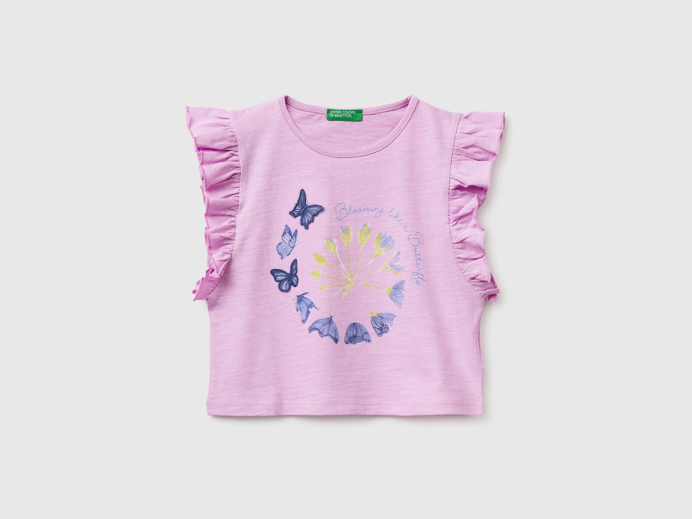 Benetton Lilac Girls Cropped T-Shirt with Print and Embroidery SKU: 38V4G10MU_00L Image 01