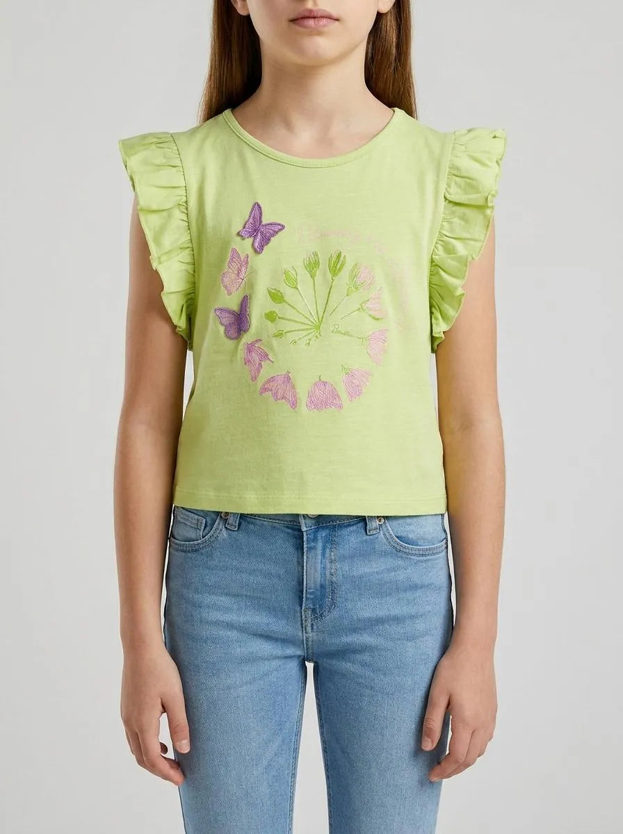 Benetton Lime Girls Cropped T-Shirt with Print and Embroidery SKU: 38V4G10MU_0M4 Image 00