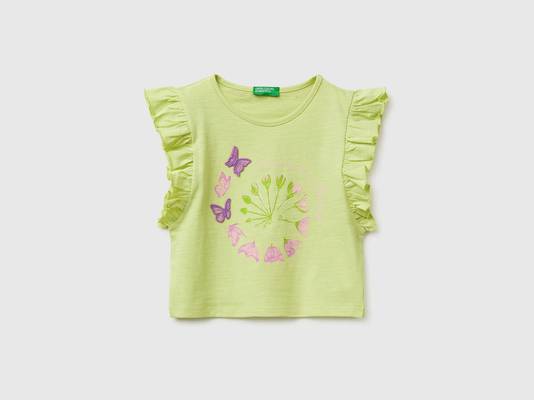 Benetton Lime Girls Cropped T-Shirt with Print and Embroidery SKU: 38V4G10MU_0M4 Image 01