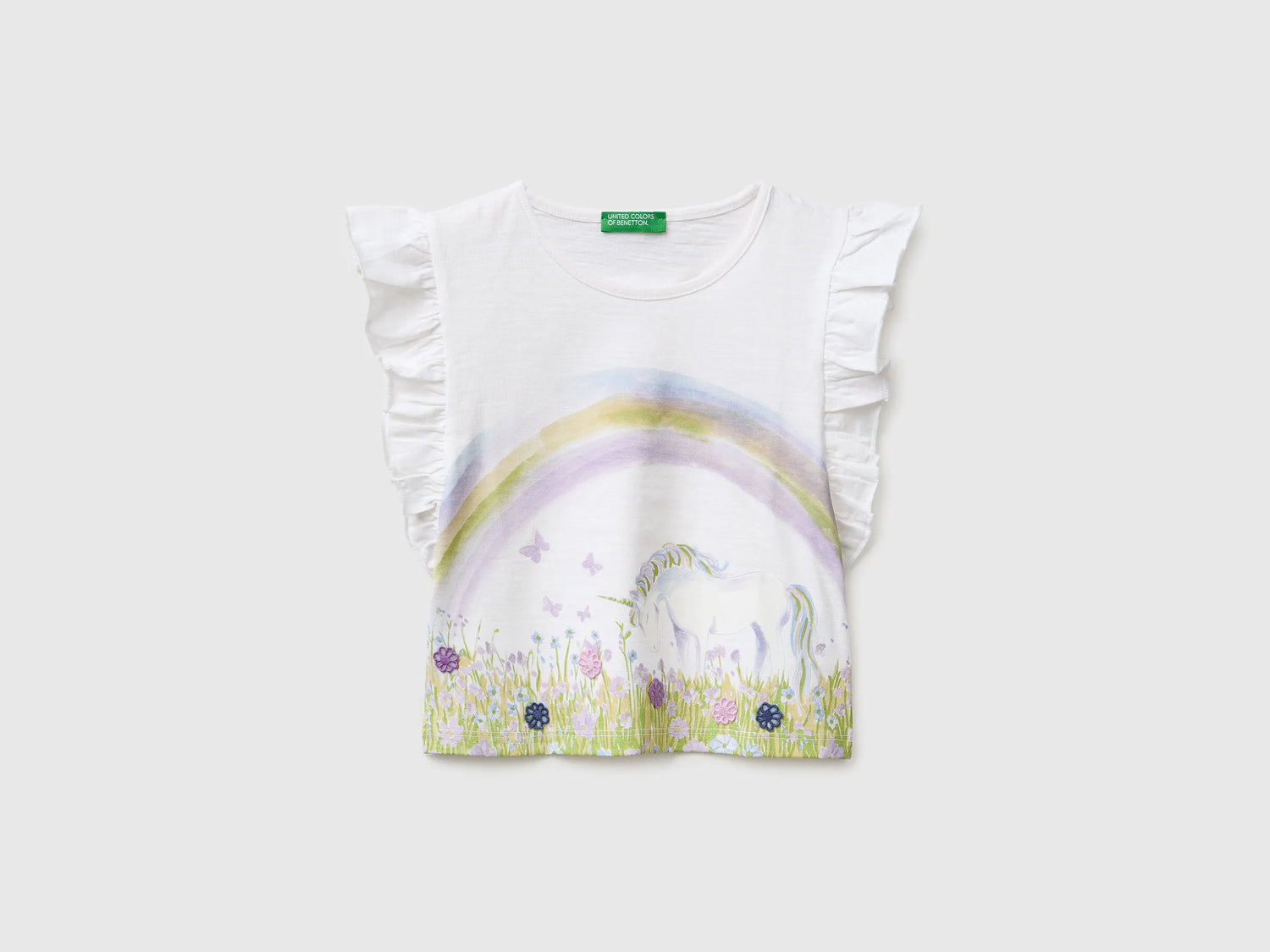 Benetton White Girls Cropped T-Shirt with Print and Embroidery SKU: 38V4G10MU_101 Image 01