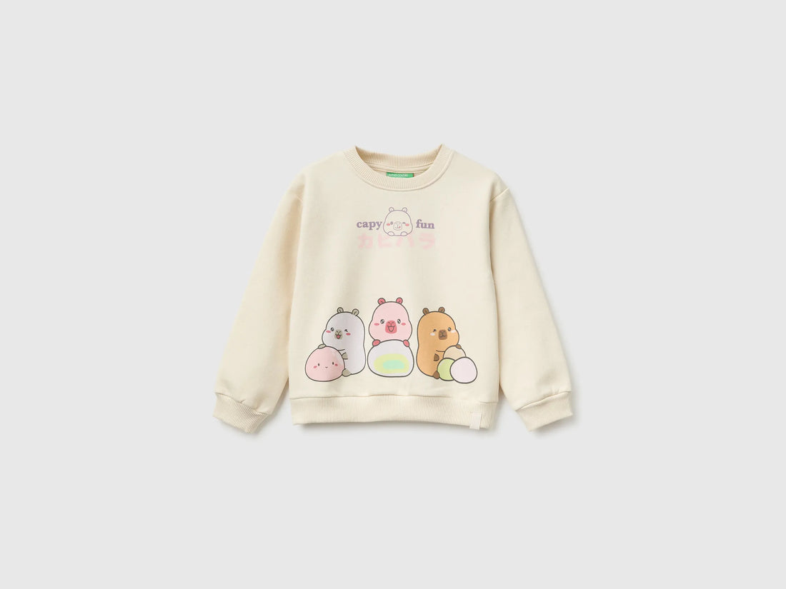 Benetton Creamy White Girls Capyfun Capybara Crewneck Sweatshirt SKU: 392VG10NR_00V Image 01