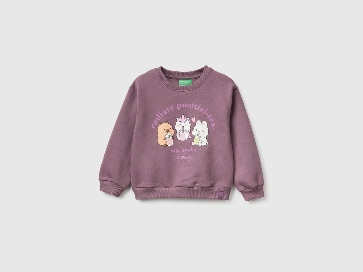 Benetton Plum Girls Capyfun Capybara Crewneck Sweatshirt SKU: 392VG10NR_048 Image 01