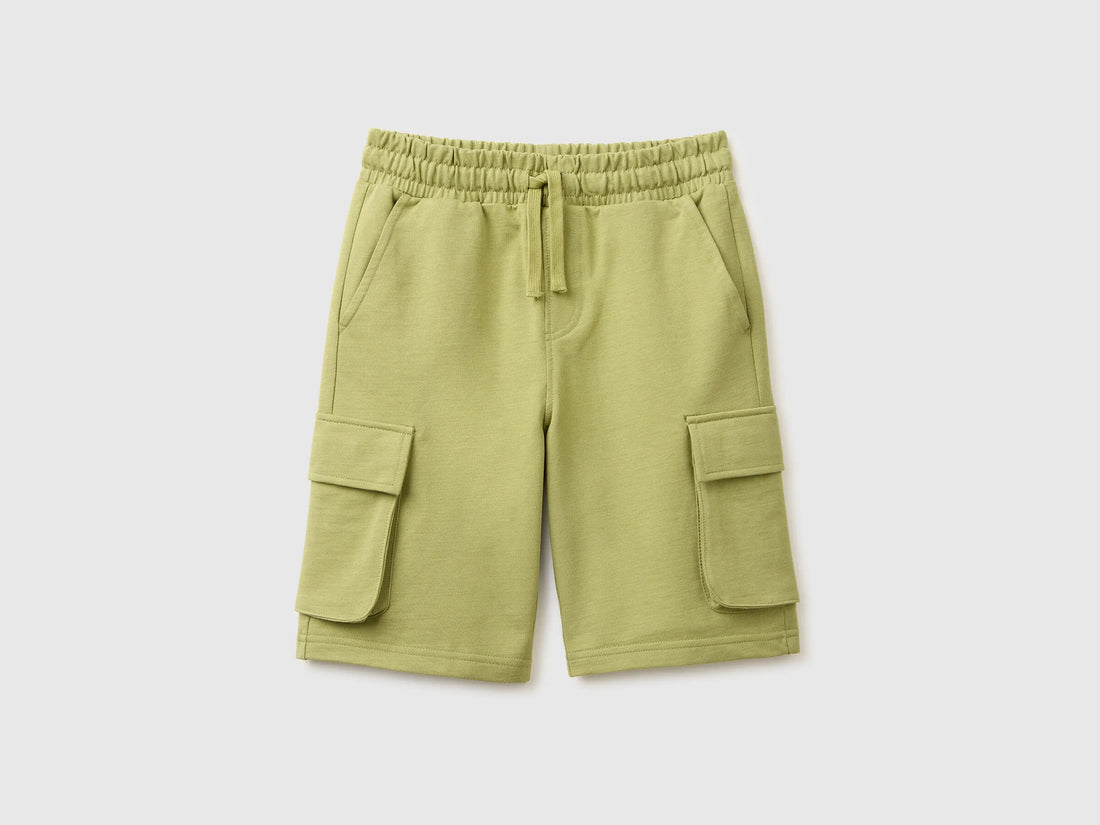 Benetton Military Green Boys Fleece Bermuda Shorts with Pockets SKU: 39DJC902N_1Q1 Image 01