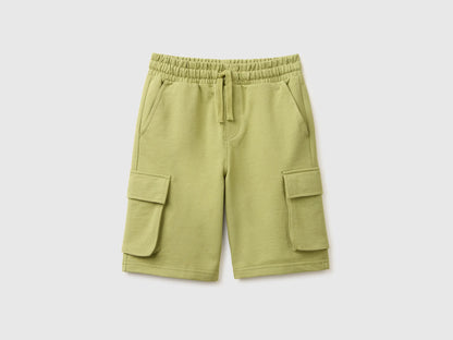 Benetton Military Green Boys Fleece Bermuda Shorts with Pockets SKU: 39DJC902N_1Q1 Image 01