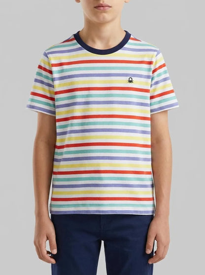 Benetton Sky Blue Boys Striped T-Shirt SKU: 39IAC10S8_906 Image 00