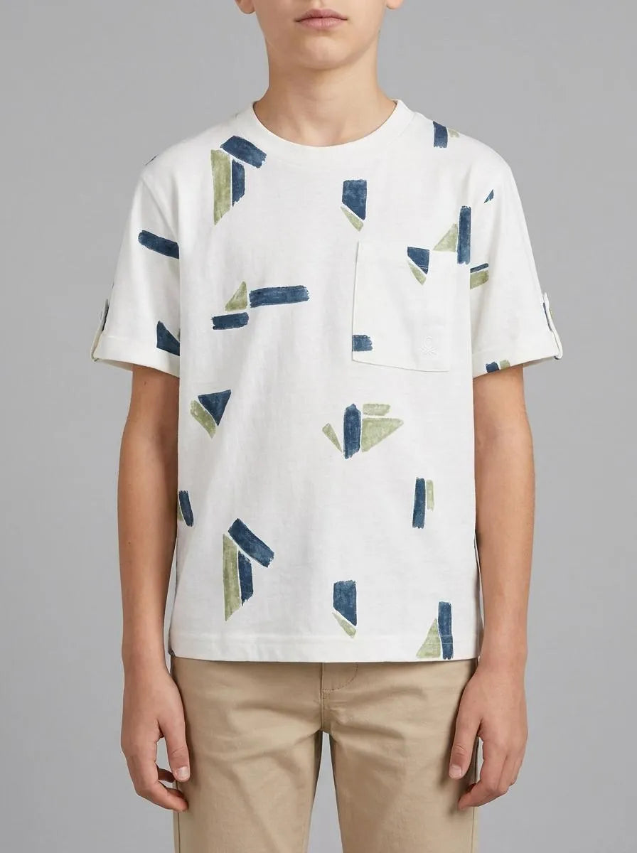 Benetton White Boys Printed Linen Blend T-Shirt SKU: 39TPG10MT_67R Image 00