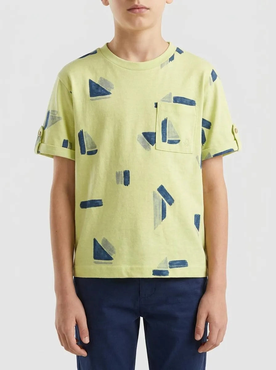 Benetton Lime Boys Printed Linen Blend T-Shirt SKU: 39TPG10MT_67T Image 00