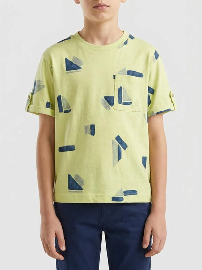 Benetton Lime Boys Printed Linen Blend T-Shirt SKU: 39TPG10MT_67T Image 00