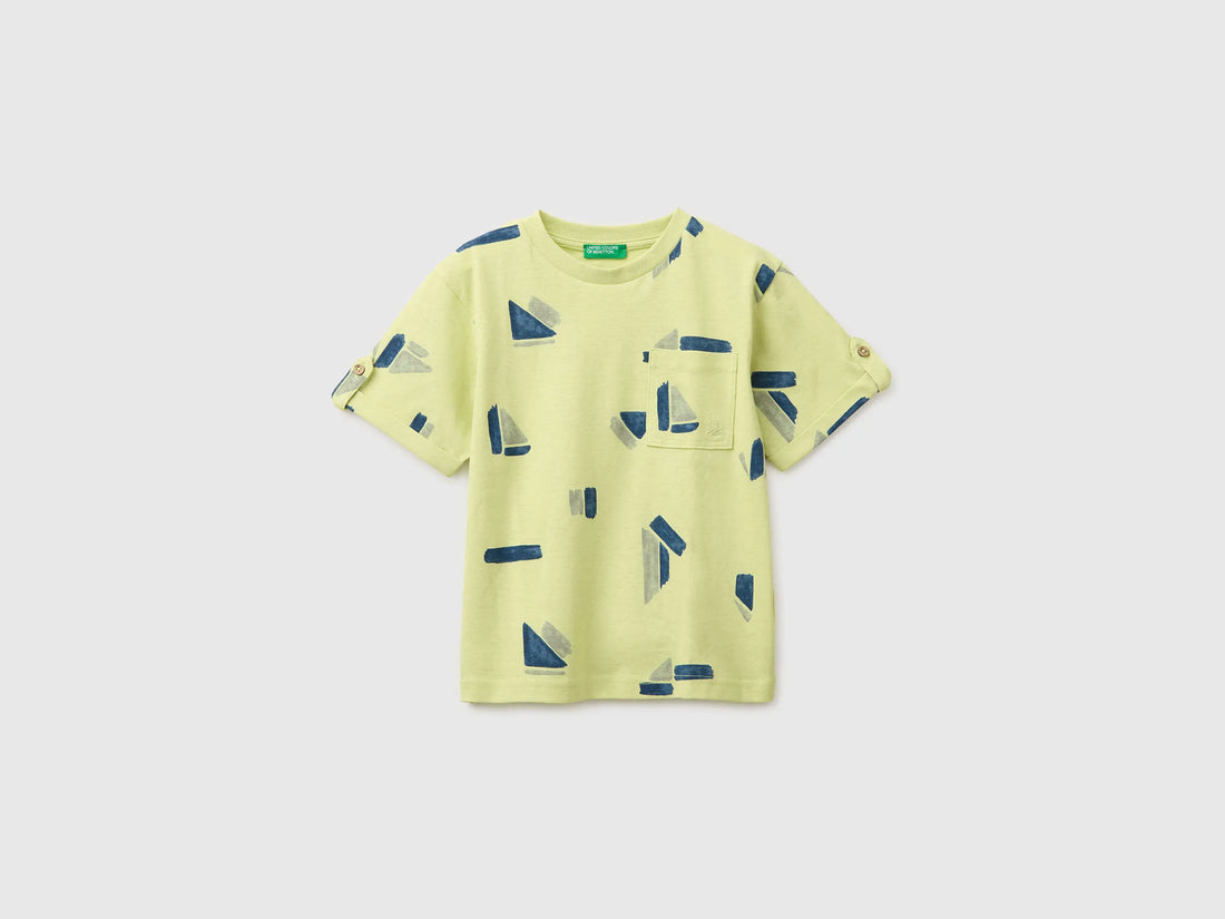 Benetton Lime Boys Printed Linen Blend T-Shirt SKU: 39TPG10MT_67T Image 01