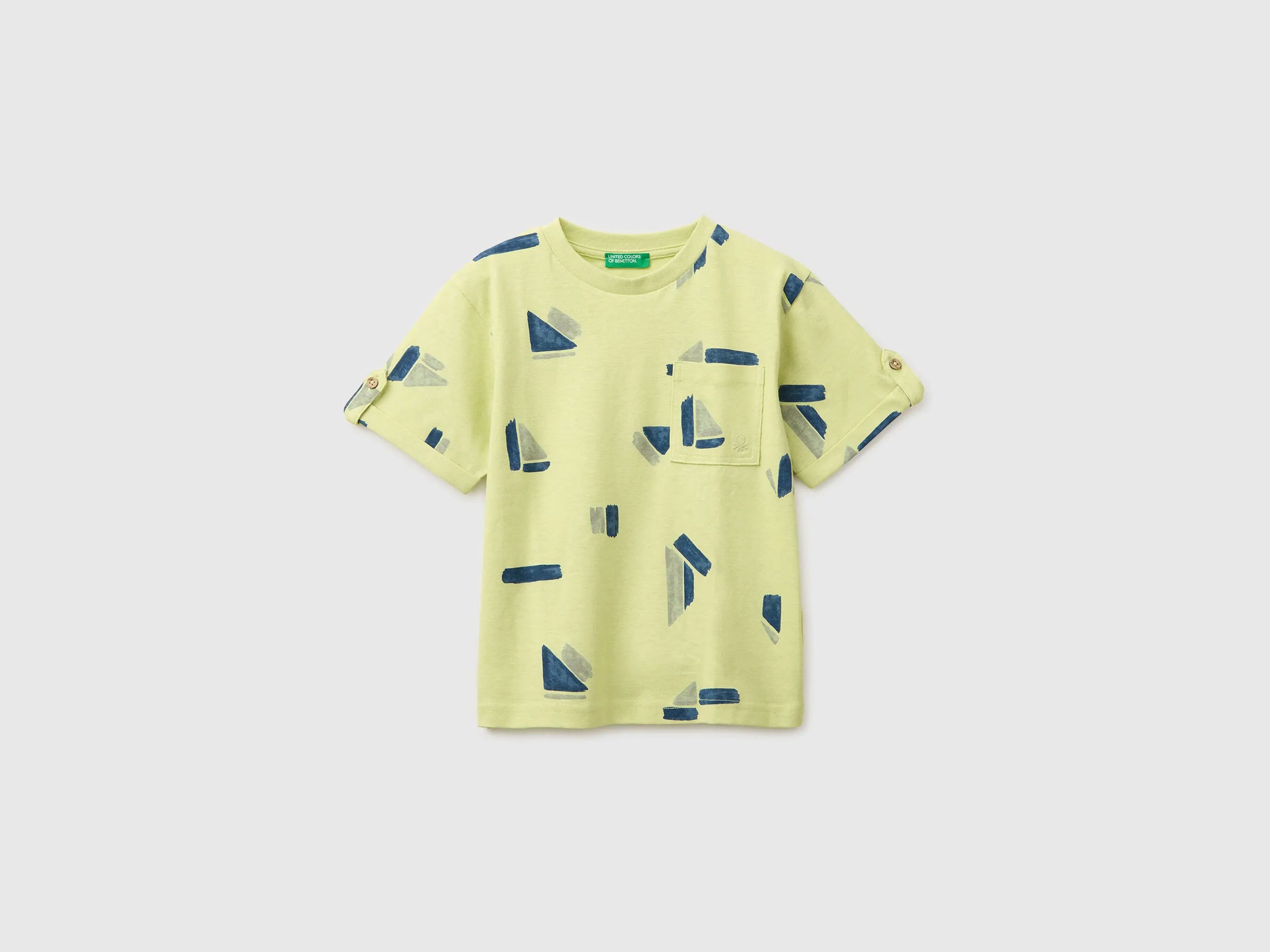 Benetton Lime Boys Printed Linen Blend T-Shirt SKU: 39TPG10MT_67T Image 01