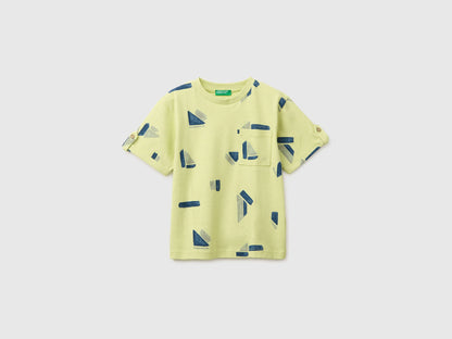Benetton Lime Boys Printed Linen Blend T-Shirt SKU: 39TPG10MT_67T Image 01