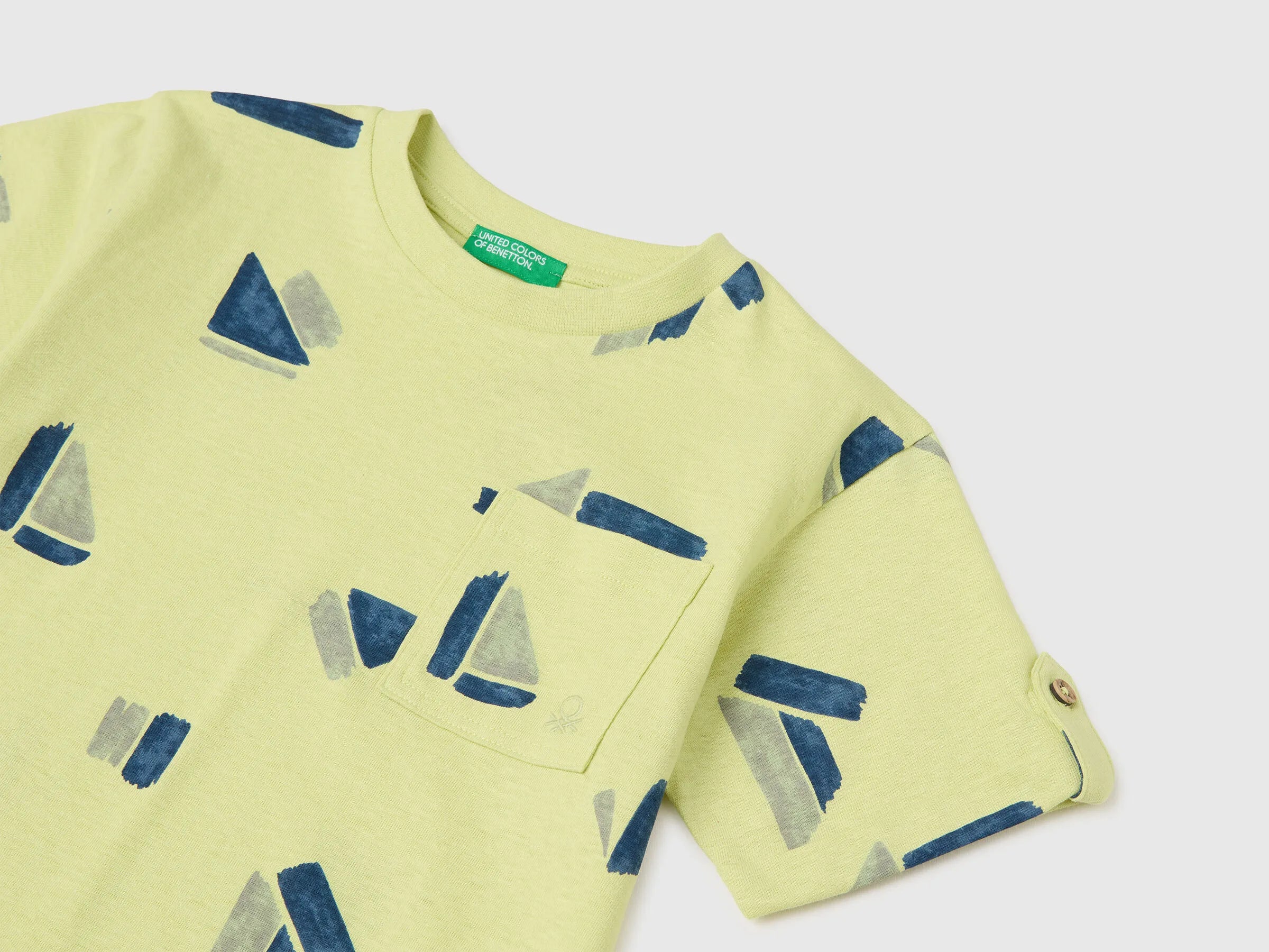 Benetton Lime Boys Printed Linen Blend T-Shirt SKU: 39TPG10MT_67T Image 03