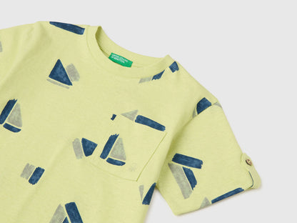 Benetton Lime Boys Printed Linen Blend T-Shirt SKU: 39TPG10MT_67T Image 03