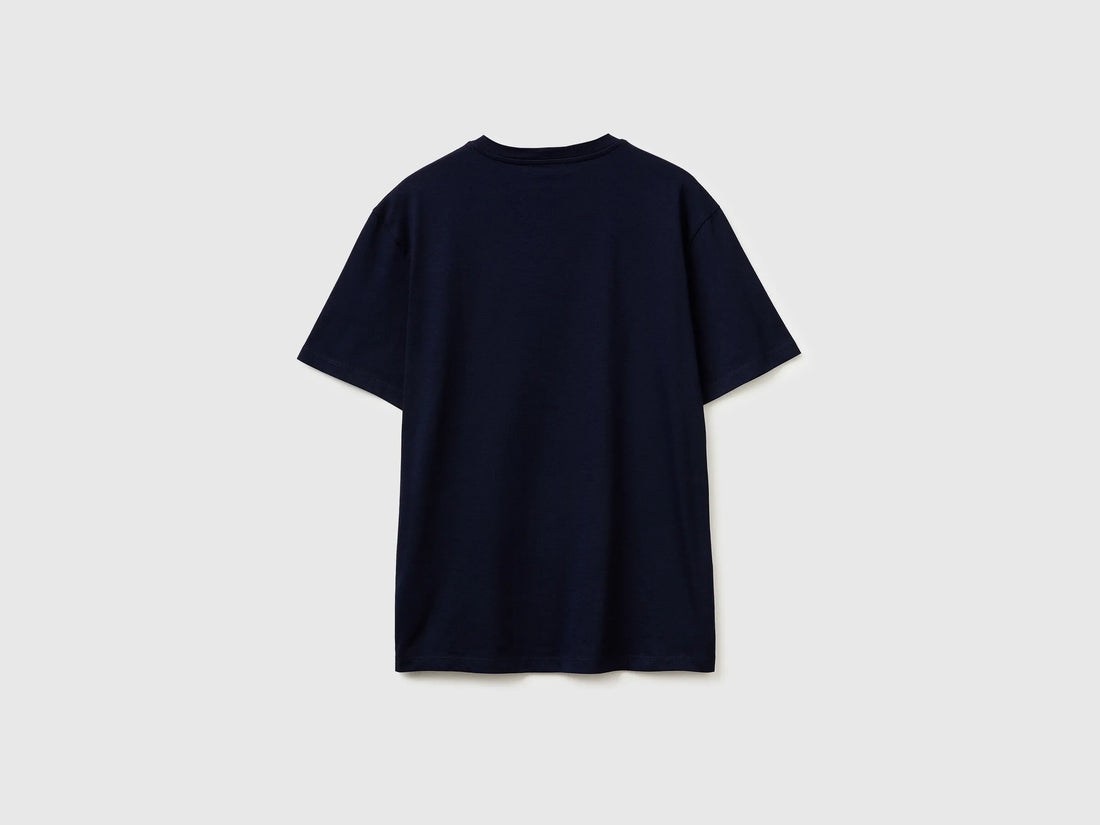 Benetton Dark Blue Men Cotton T-Shirt with Logo SKU: 39VFU1096_902 Image 02