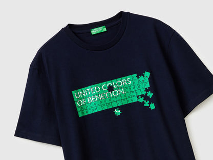 Benetton Dark Blue Men Cotton T-Shirt with Logo SKU: 39VFU1096_902 Image 03