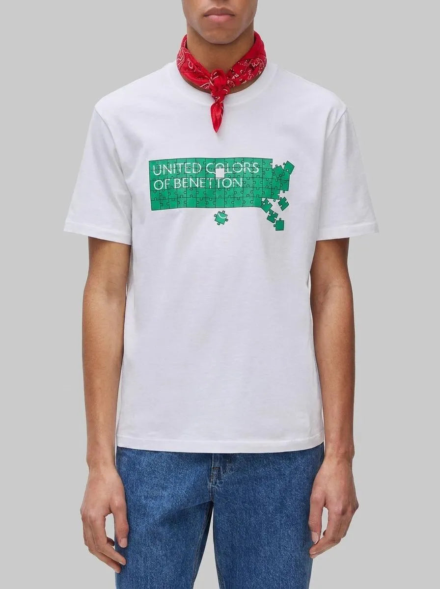 Benetton White Men Cotton T-Shirt with Logo SKU: 39VFU1096_903 Image 00