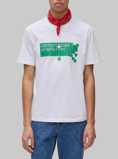 Benetton White Men Cotton T-Shirt with Logo SKU: 39VFU1096_903 Image 00