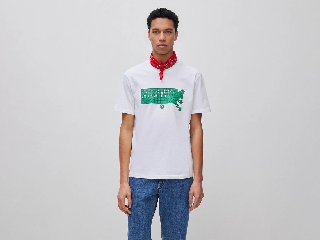 Benetton White Men Cotton T-Shirt with Logo SKU: 39VFU1096_903 Image 01
