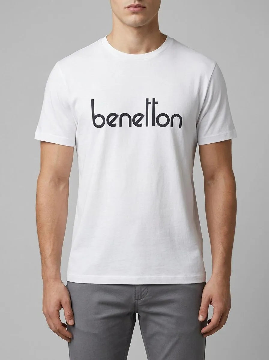 Benetton White Men Cotton T-Shirt with Logo SKU: 39VFU1096_906 Image 00