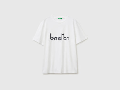 Benetton White Men Cotton T-Shirt with Logo SKU: 39VFU1096_906 Image 01
