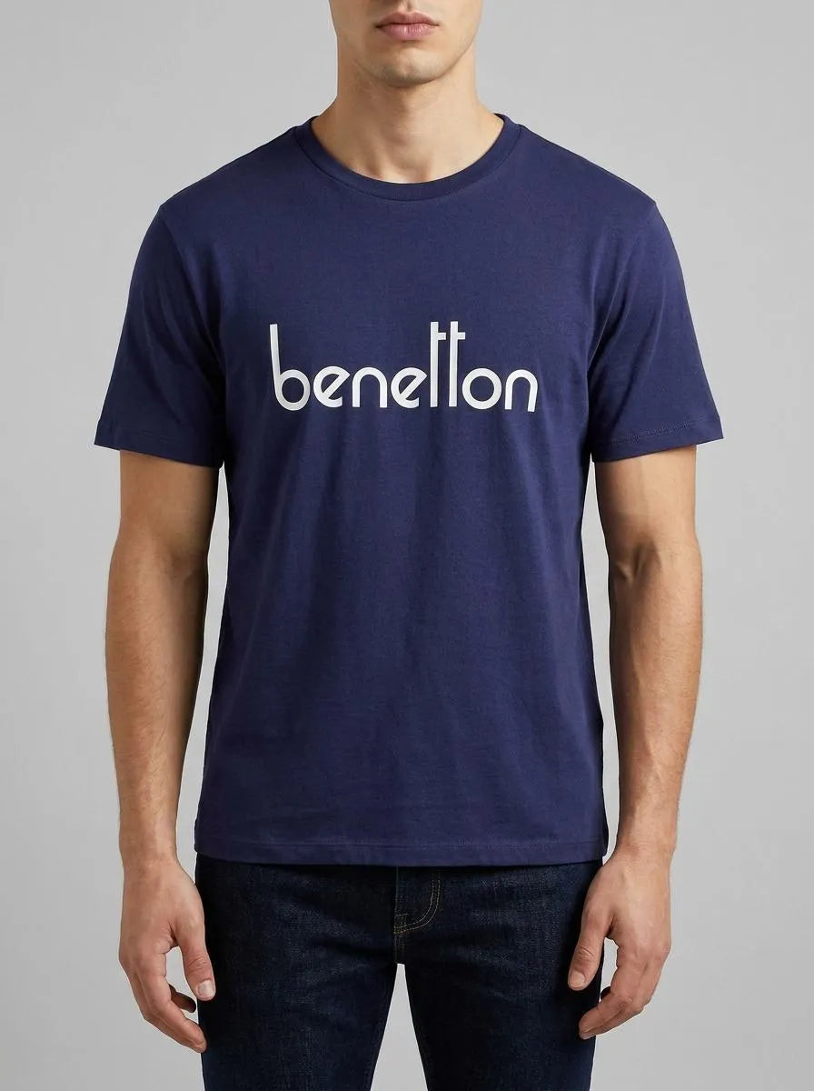 Benetton Dark Blue Men Cotton T-Shirt with Logo SKU: 39VFU1096_907 Image 00