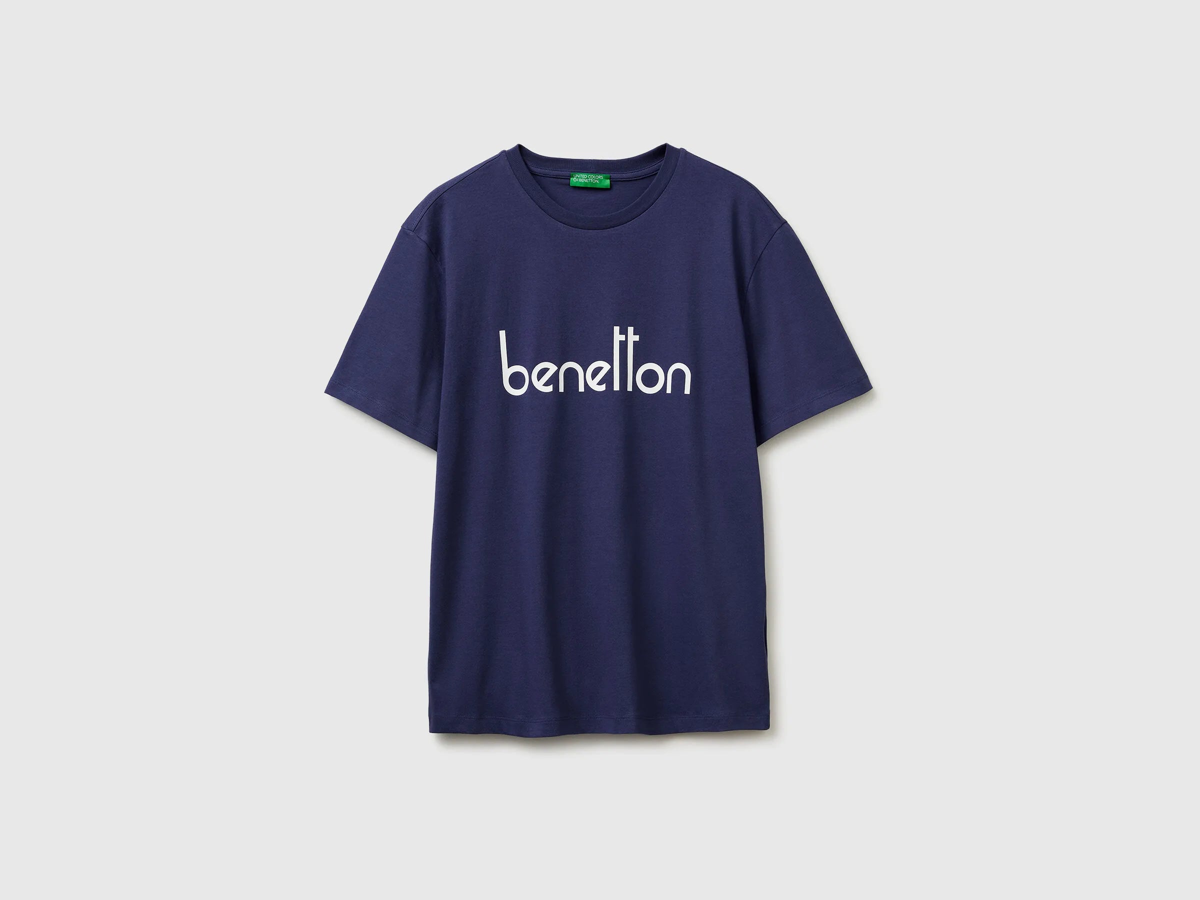 Benetton Dark Blue Men Cotton T-Shirt with Logo SKU: 39VFU1096_907 Image 01