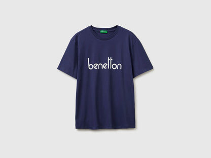 Benetton Dark Blue Men Cotton T-Shirt with Logo SKU: 39VFU1096_907 Image 01
