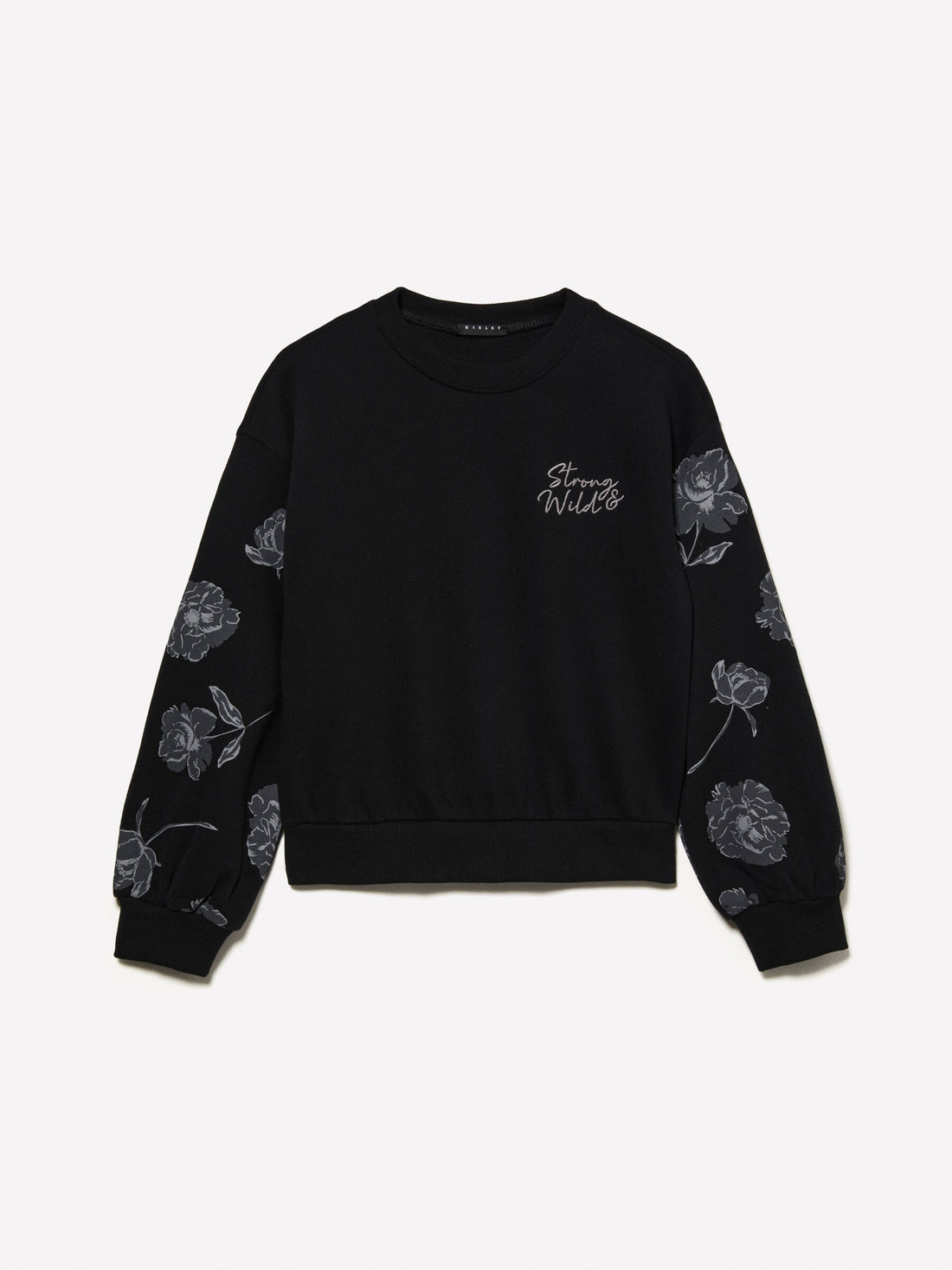 Black Cropped Sweatshirt with Floral Print and Embroidery_3AC4X104Q_100_01