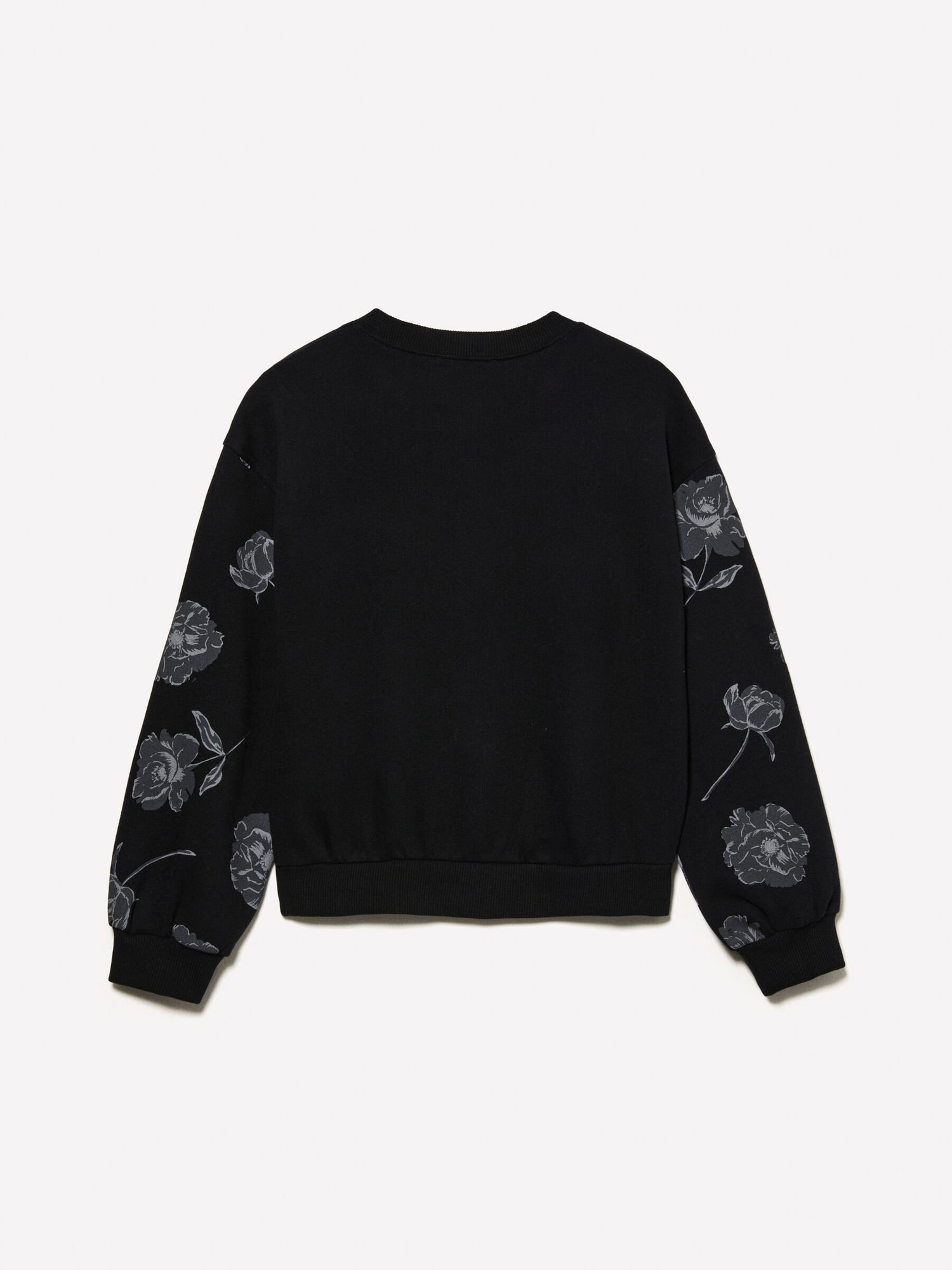 Black Cropped Sweatshirt with Floral Print and Embroidery_3AC4X104Q_100_02