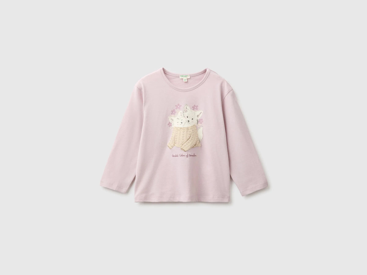 Benetton Pink Girl Organic Cotton Printed T-Shirt SKU: 3ATNA107H_197 Image 01