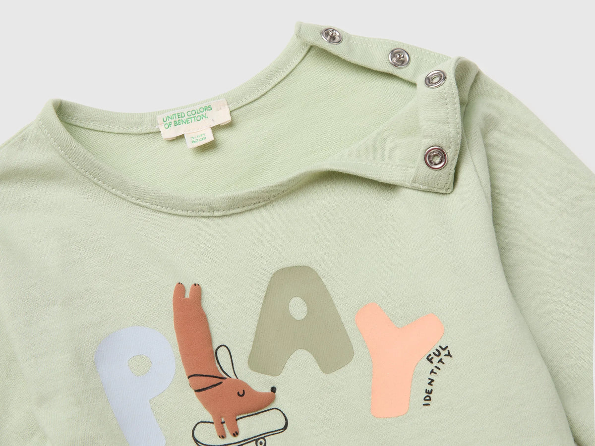 Benetton Light Green Unisex Organic Cotton Printed T-Shirt SKU: 3ATNA107H_2G8 Image 03